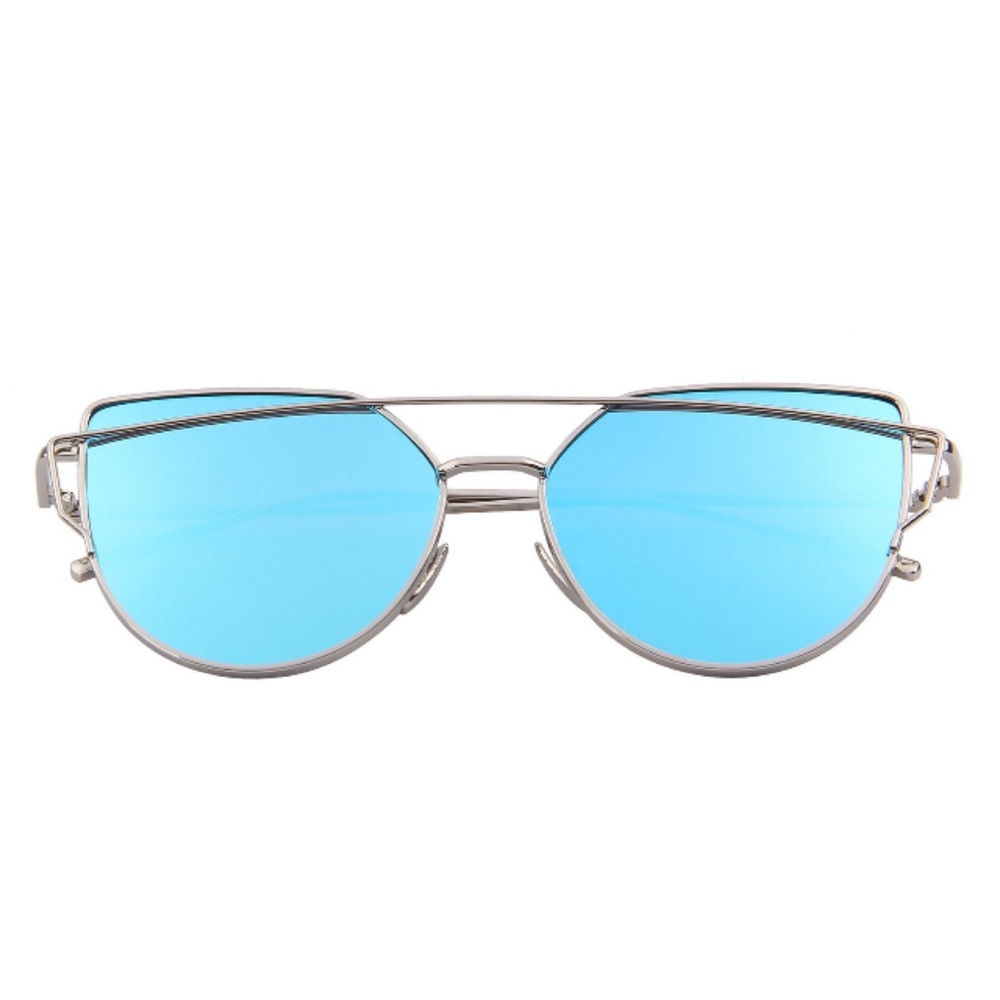 Blue Lens Silver Frame Cat Eye Aviator Sunglasses - Picture 5 of 5
